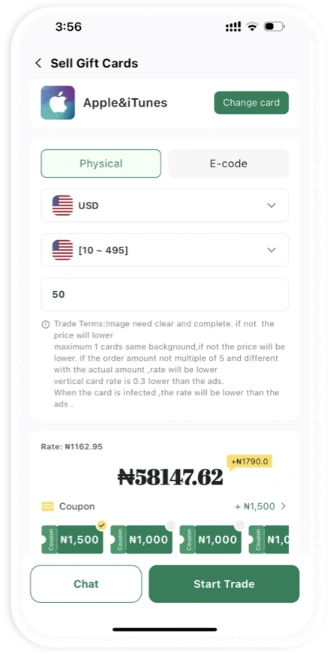 Submit your gift card trade
